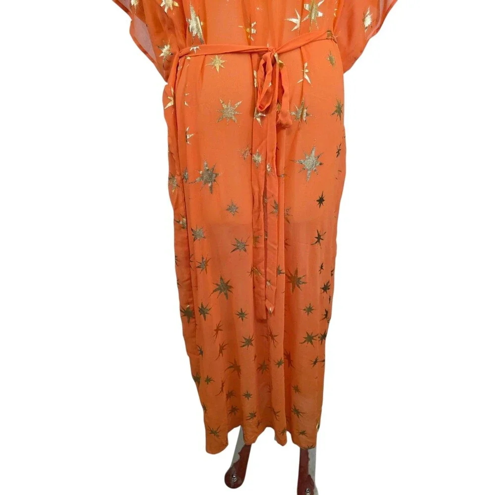 Swimsuits For All Womens 22/24  Orange Gold Foil Chiffon Maxi Cover Up Dress NWT
